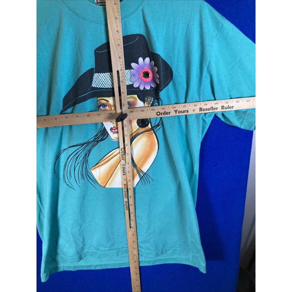 Vtg 90s Student Machine Graphic Tee Art Deco Lady Floral Hat Teal 100% cotton - Picture 6 of 11